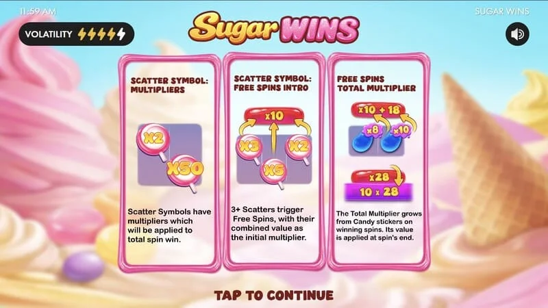 Sugar Wins – pagrindinis lošimo automato meniu